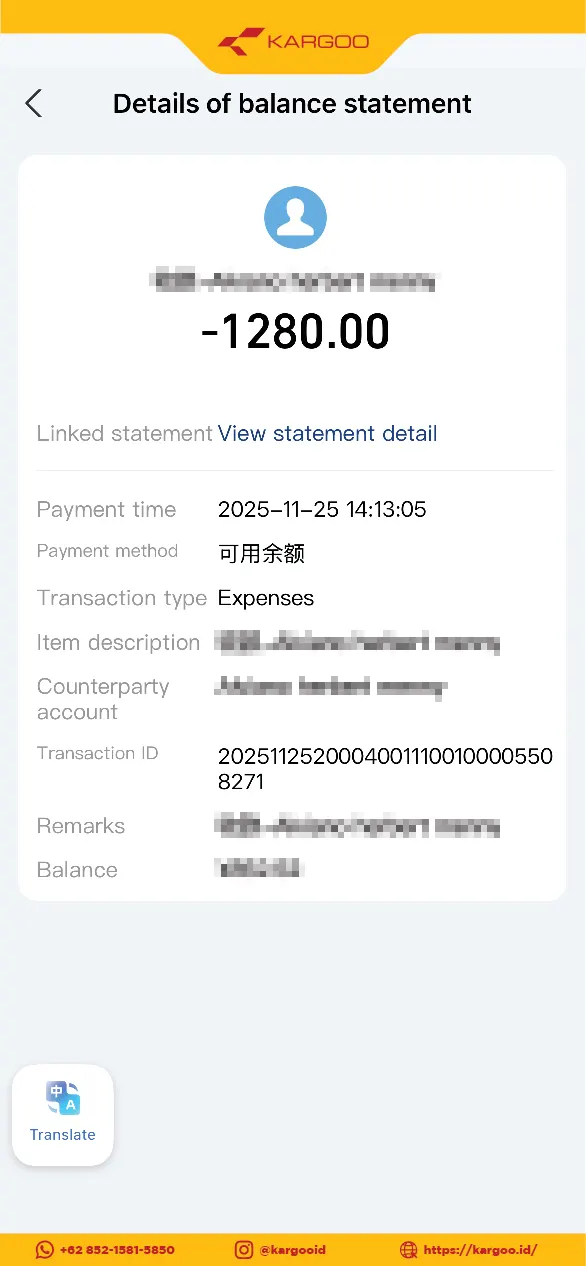 Bukti Transfer Alipay 1280 RMB