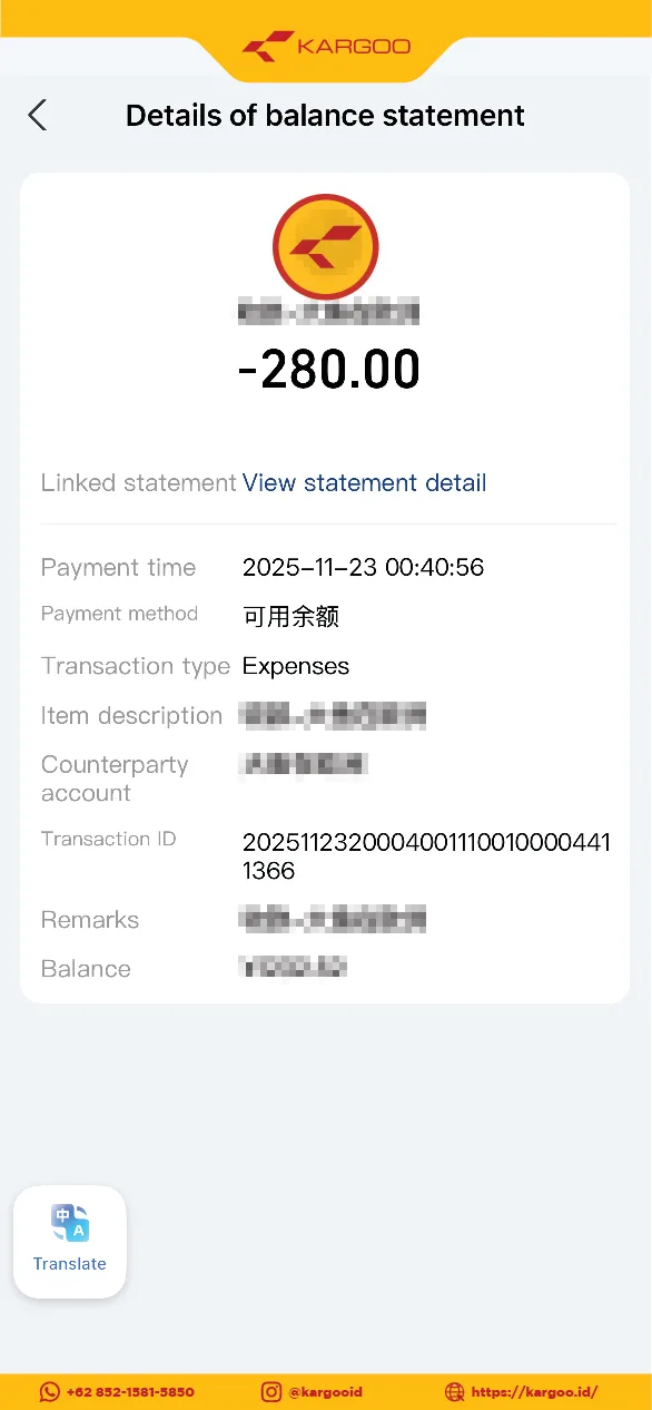 Bukti Transfer Alipay 280 RMB
