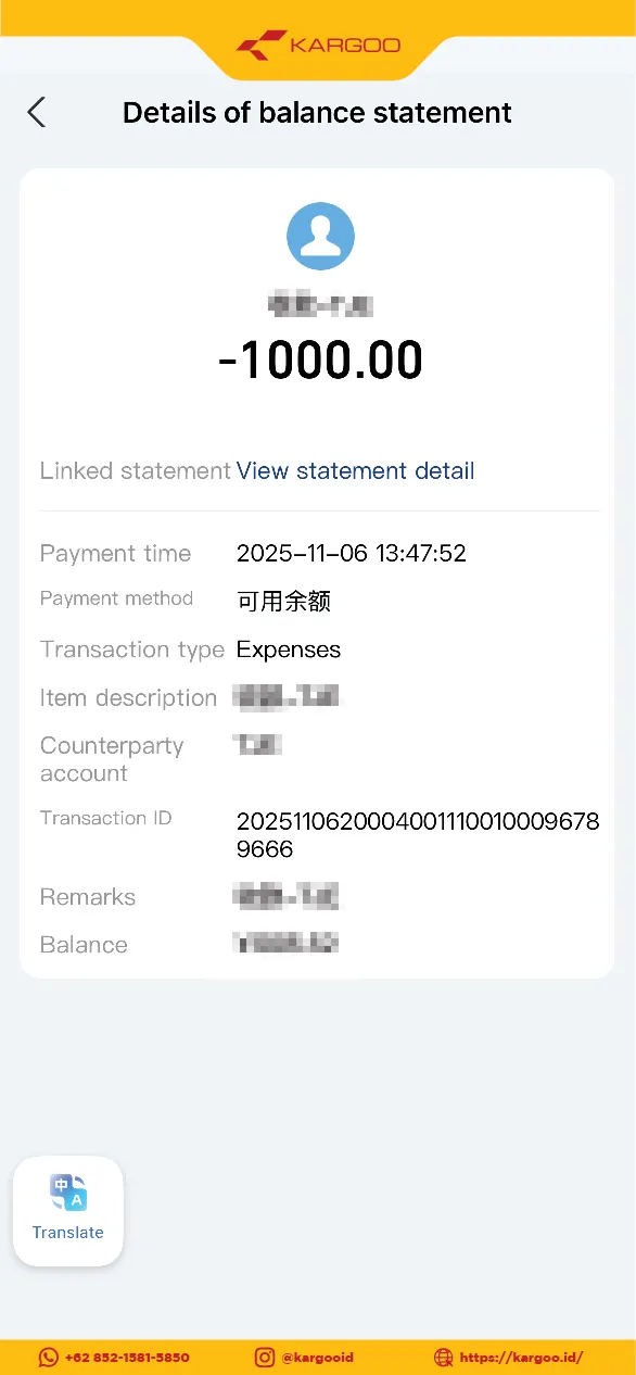 Bukti Transfer Alipay 1000 RMB