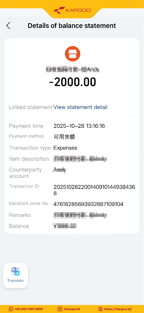 Bukti Transfer Alipay 2000 RMB