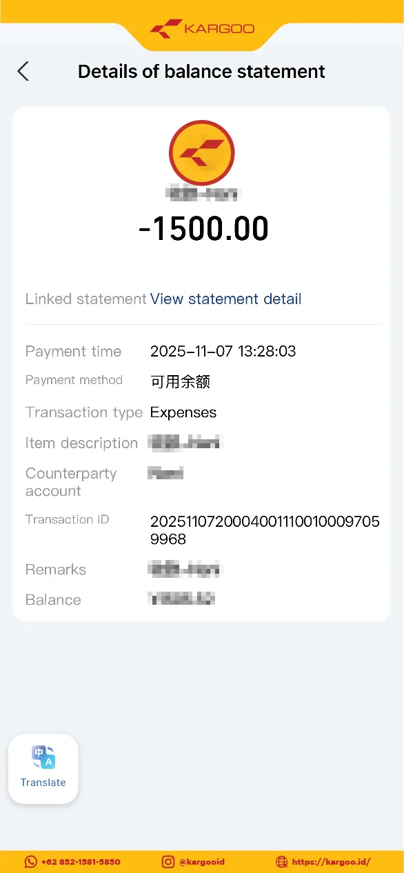 Bukti Transfer Alipay 1500 RMB