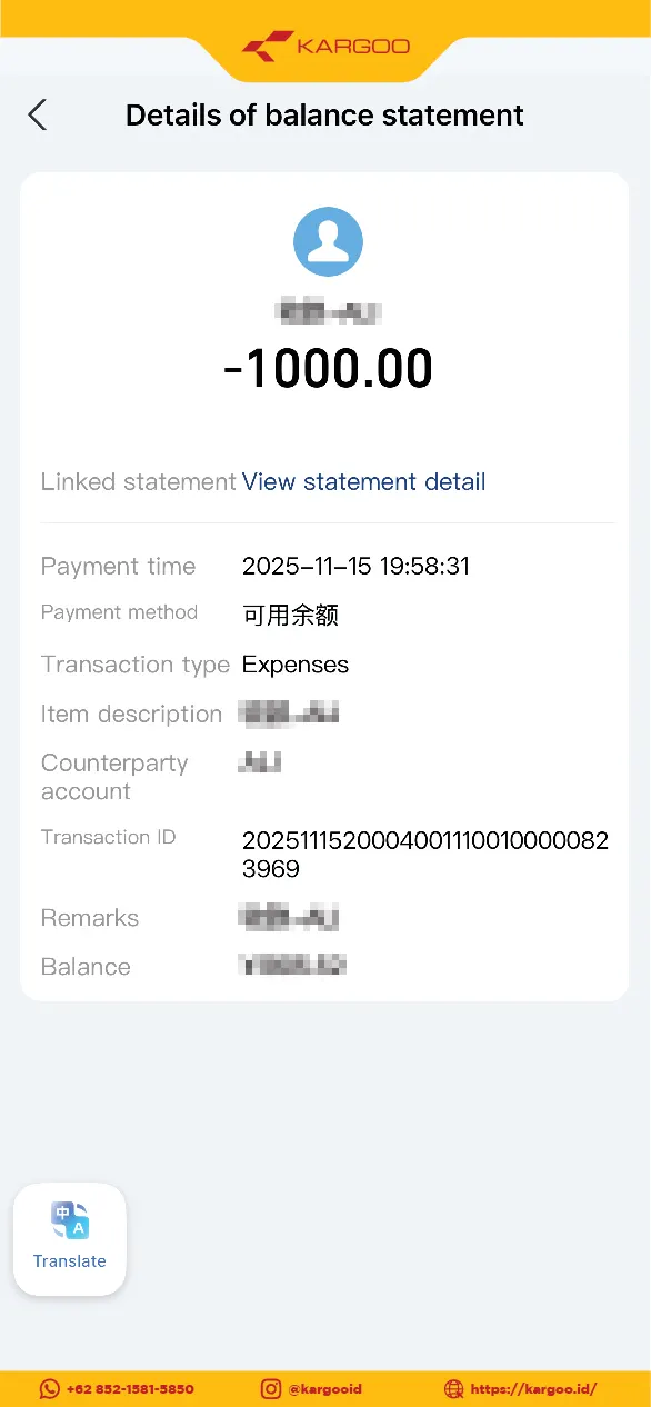 Bukti Transfer Alipay 1000 RMB