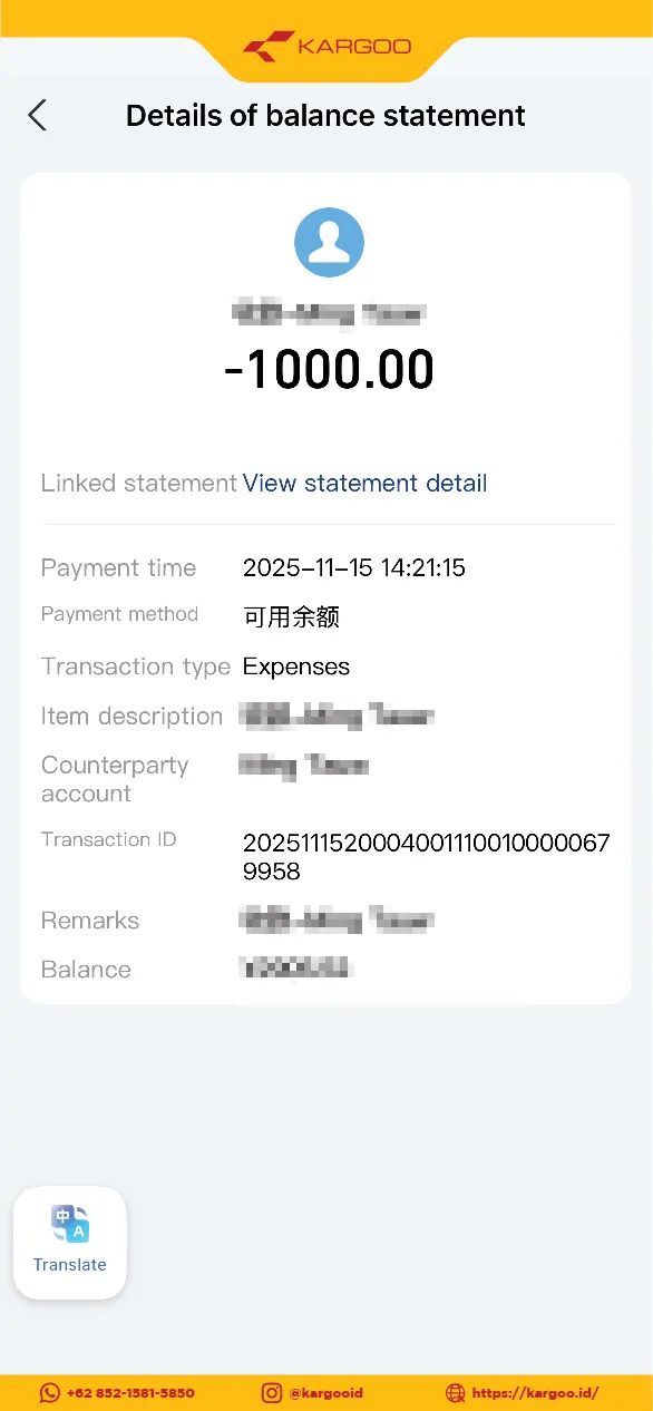 Bukti Transfer Alipay 1000 RMB