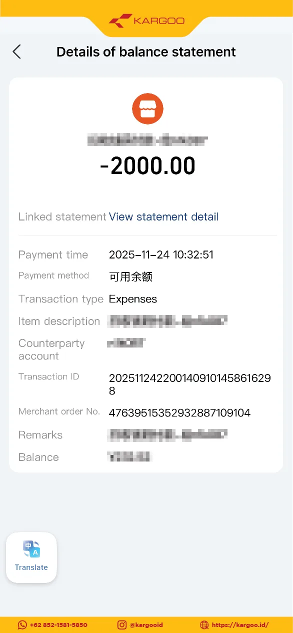 Bukti Transfer Alipay 2000 RMB