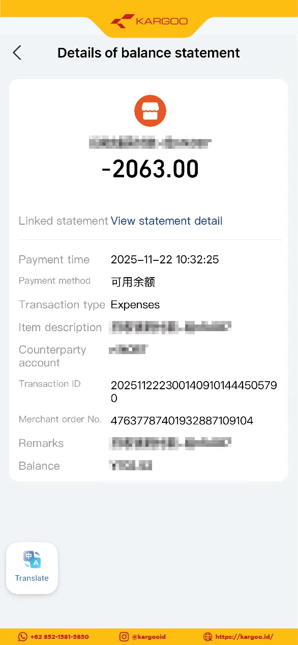 Bukti Transfer Alipay 2063 RMB